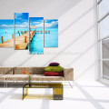 5 paneles Arte azul soleado de la pared del paisaje marino / puente de madera en la impresión de la lona del mar / arte de la pared de la lona de la playa